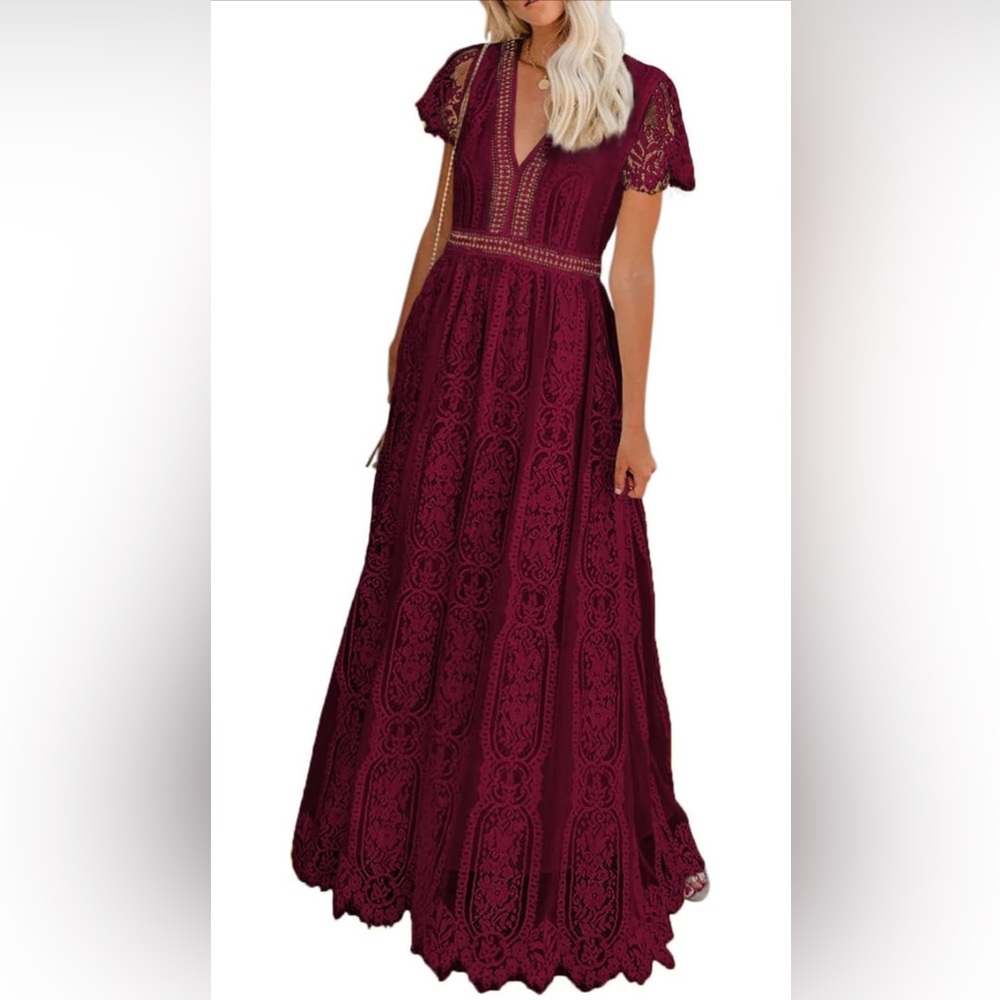 Maroon red lace maxi dress